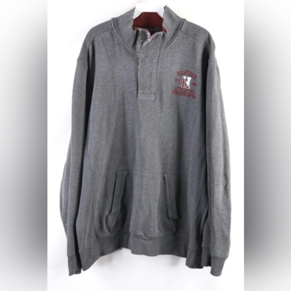 Tommy Hilfiger Charcoal Gray Long Sleeve Sweater with Red Logo